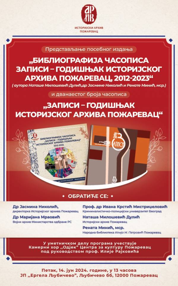 Bibliografije časopisa Zapisi–Godišnjak Istorijskog arhiva Požarevac 2012-2022