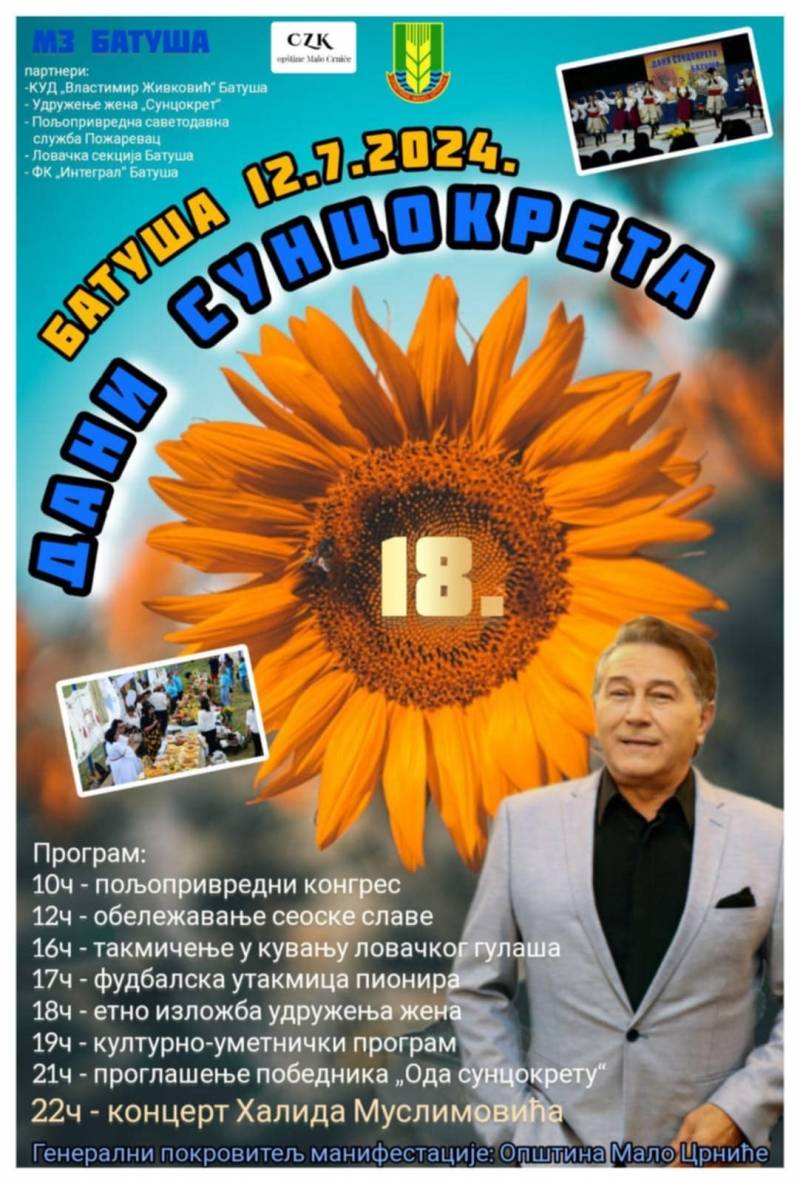 U Batuši 18. „Dani suncokreta“ i koncert Halida Muslimovića 12. jula