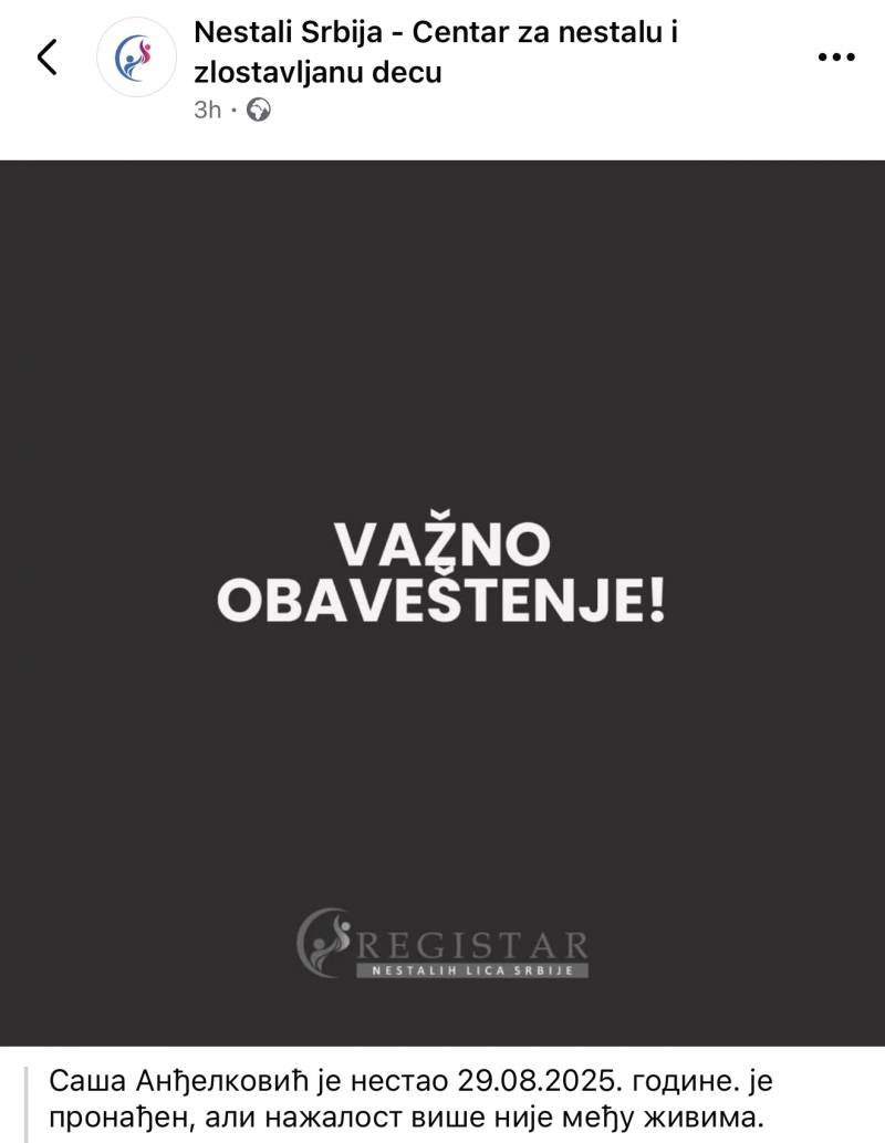 Nestali Srbije saopštili tužnu vest o Saši Anđelkoviću
