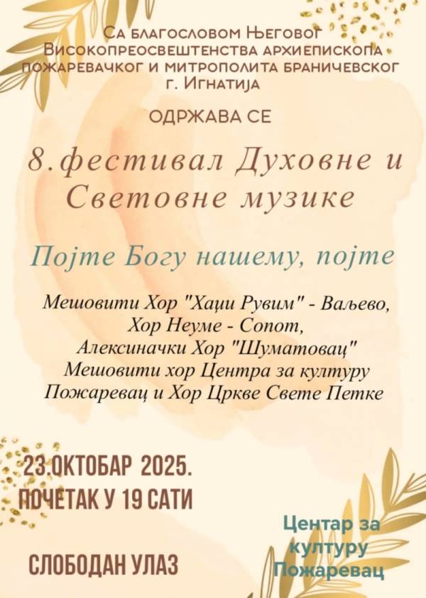 U Požarevcu 23. oktobra Festival duhovne i svetovne muzike